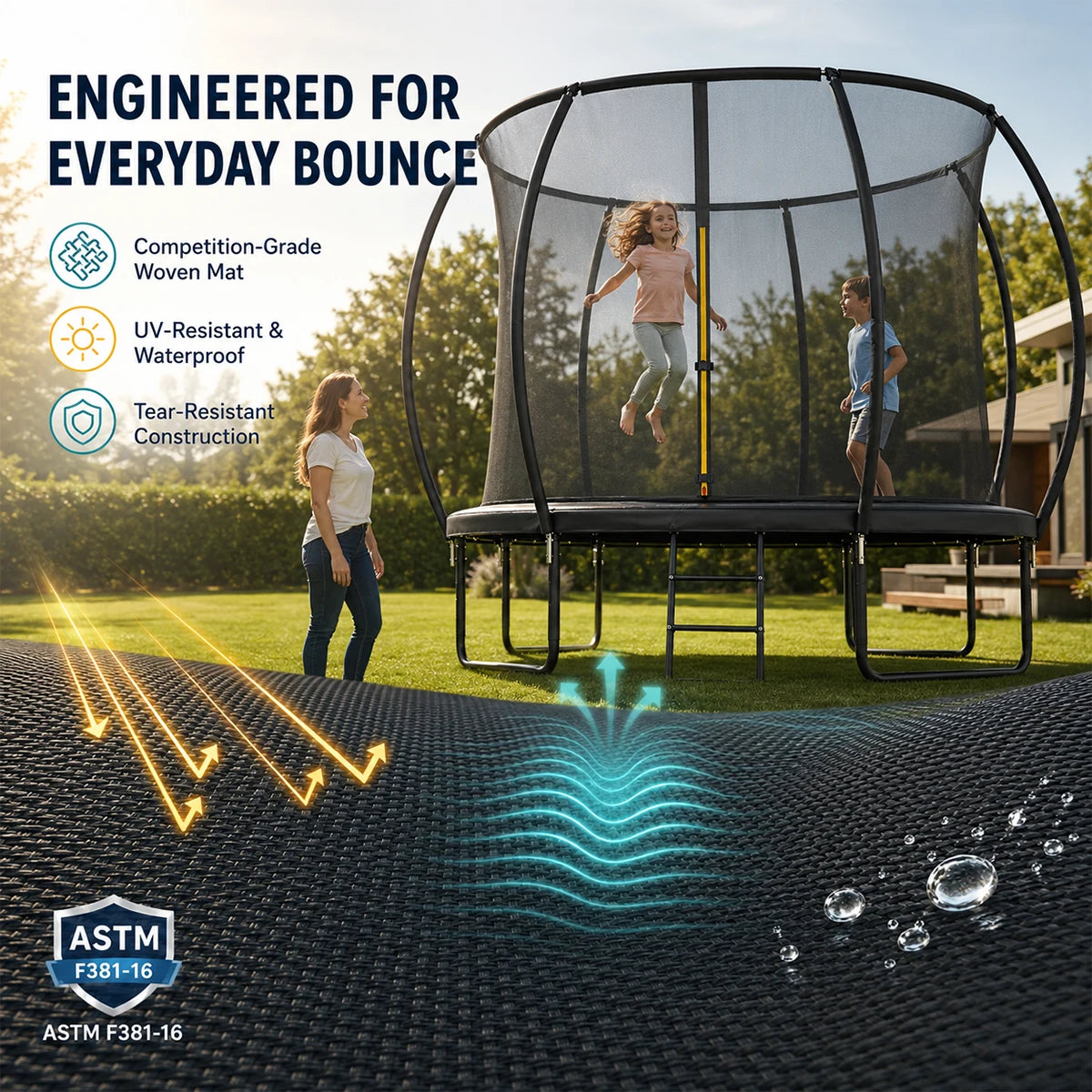 Kids Outdoor Trampoline With Safety Enclosure Net And Ladder