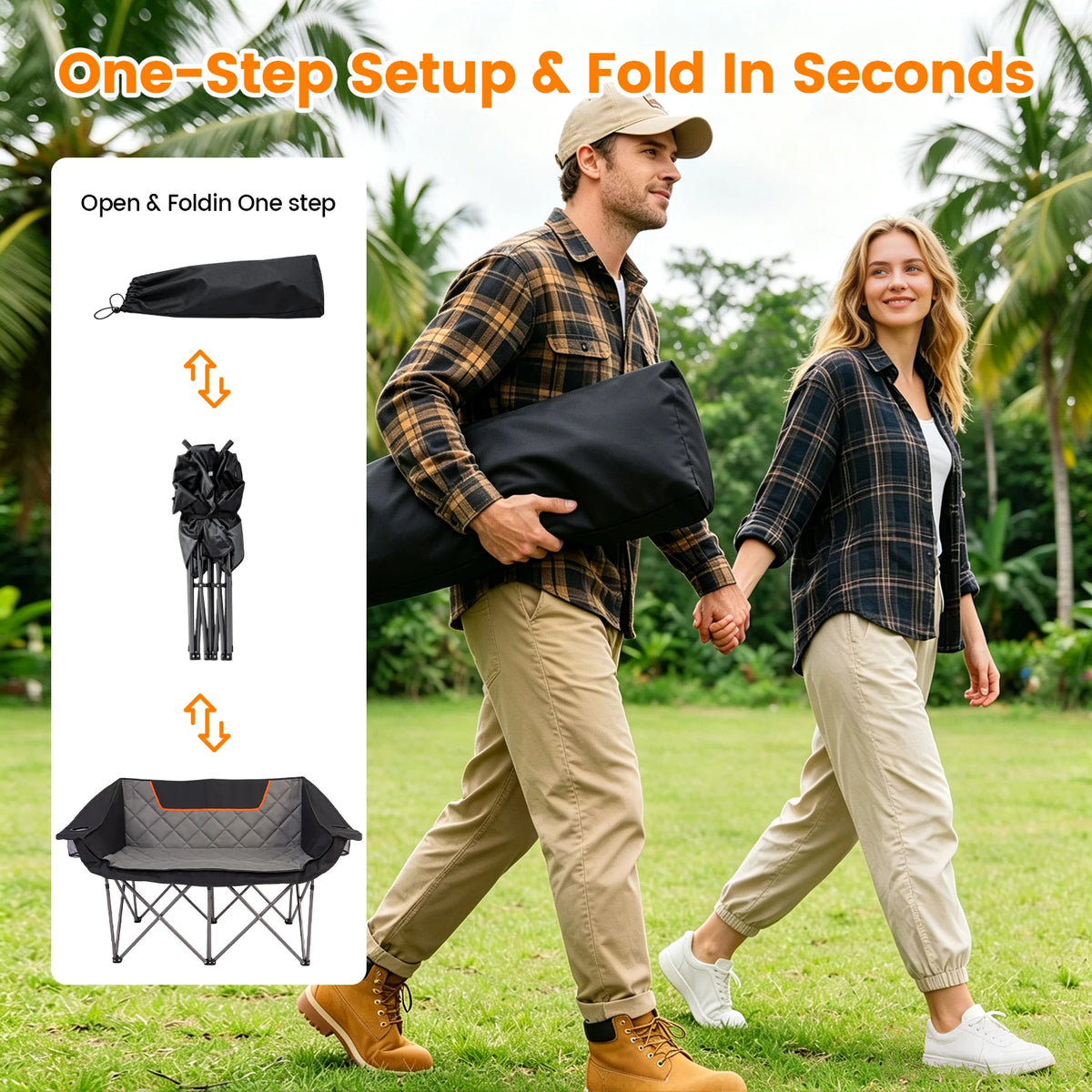 Double Folding Camping Chair for Two with Cup Holders and Storage