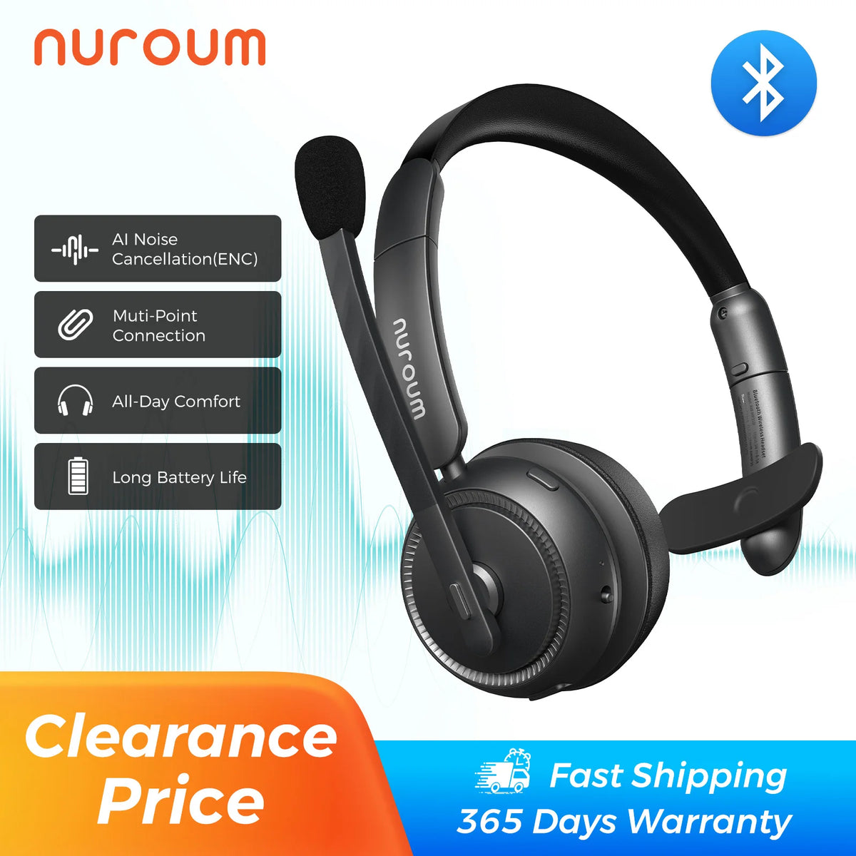 Nuroum Bluetooth Wireless Headset With Noise Cancelling Microphone