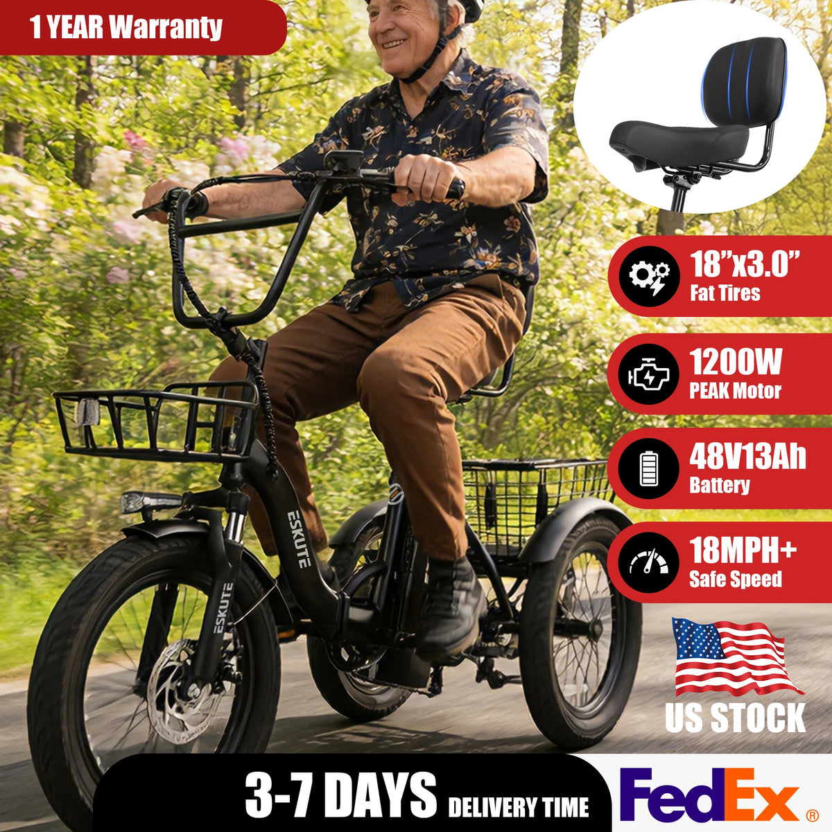 ESKUTE T300P Folding Electric Trike With Removable Battery