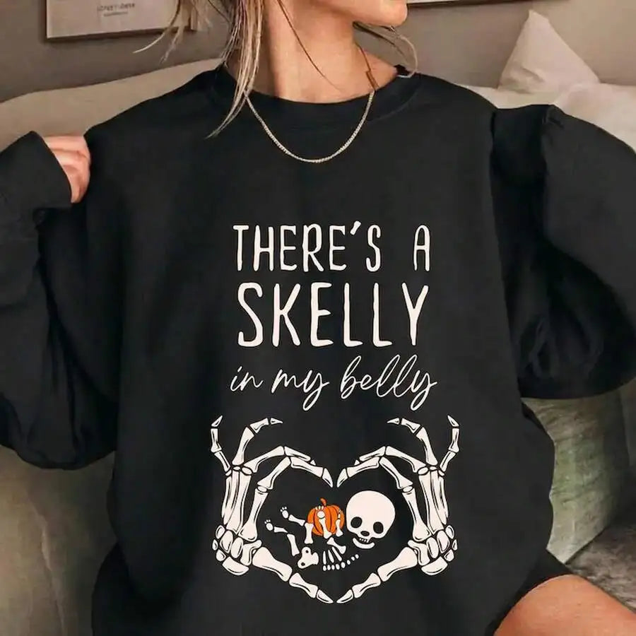 Women Halloween Pregnancy Announcement Skelly In My Belly Graphic Sweatshirt