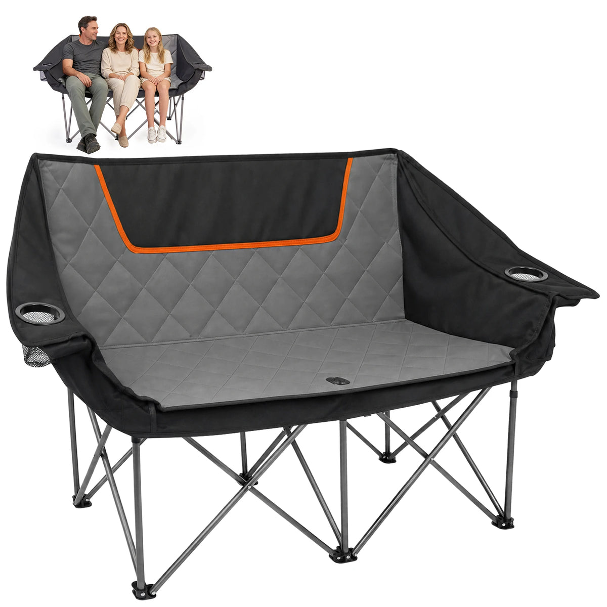 Double Folding Camping Chair for Two with Cup Holders and Storage