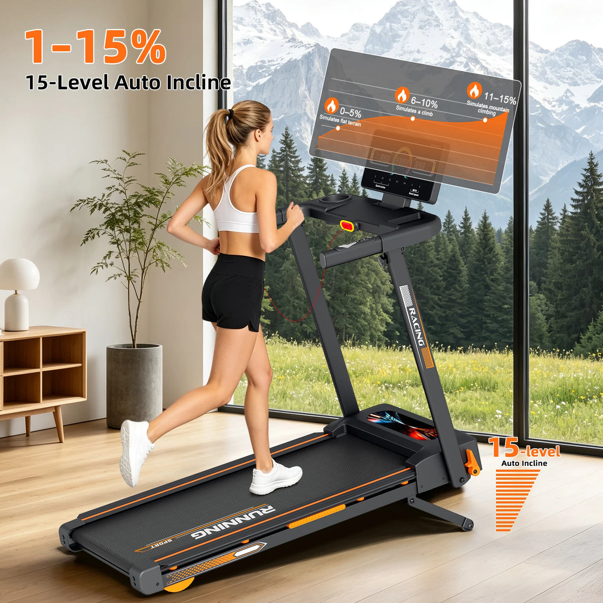 Folding Treadmill With Auto Incline Quiet Motor For Home Fitness