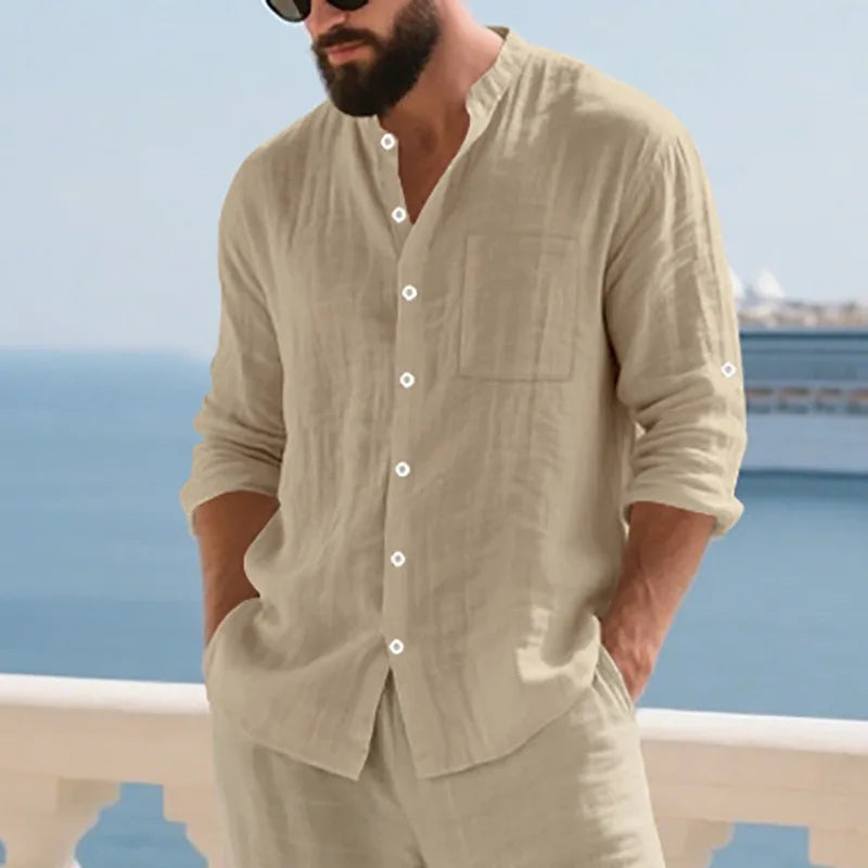 Men Linen Long Sleeve Mandarin Collar Button Down Casual Shirt