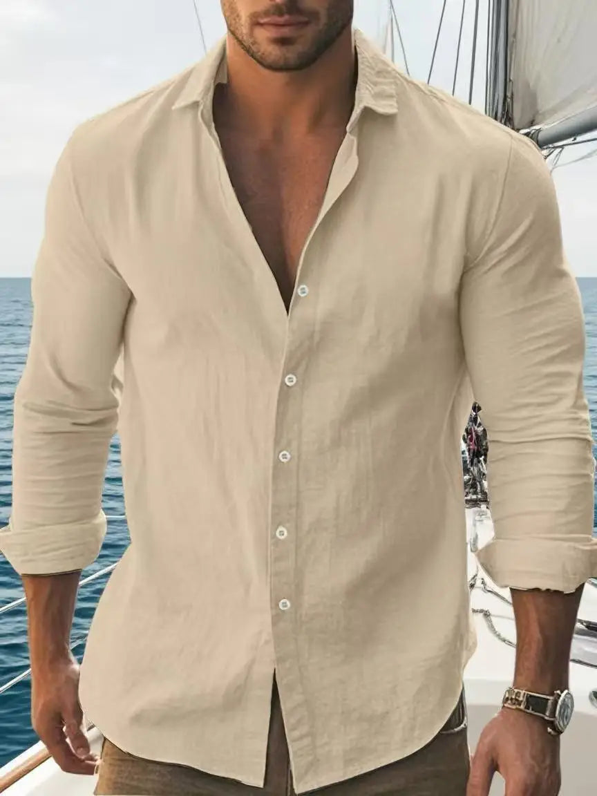 Men Solid Long Sleeve Casual Shirt Classic Collar Button Details