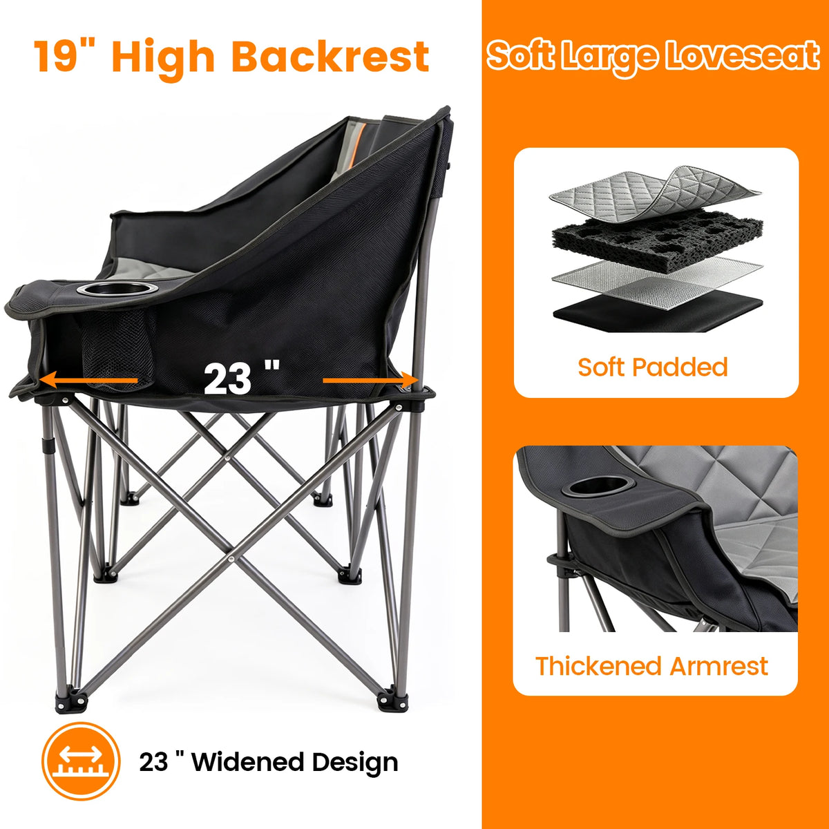 Double Folding Camping Chair for Two with Cup Holders and Storage