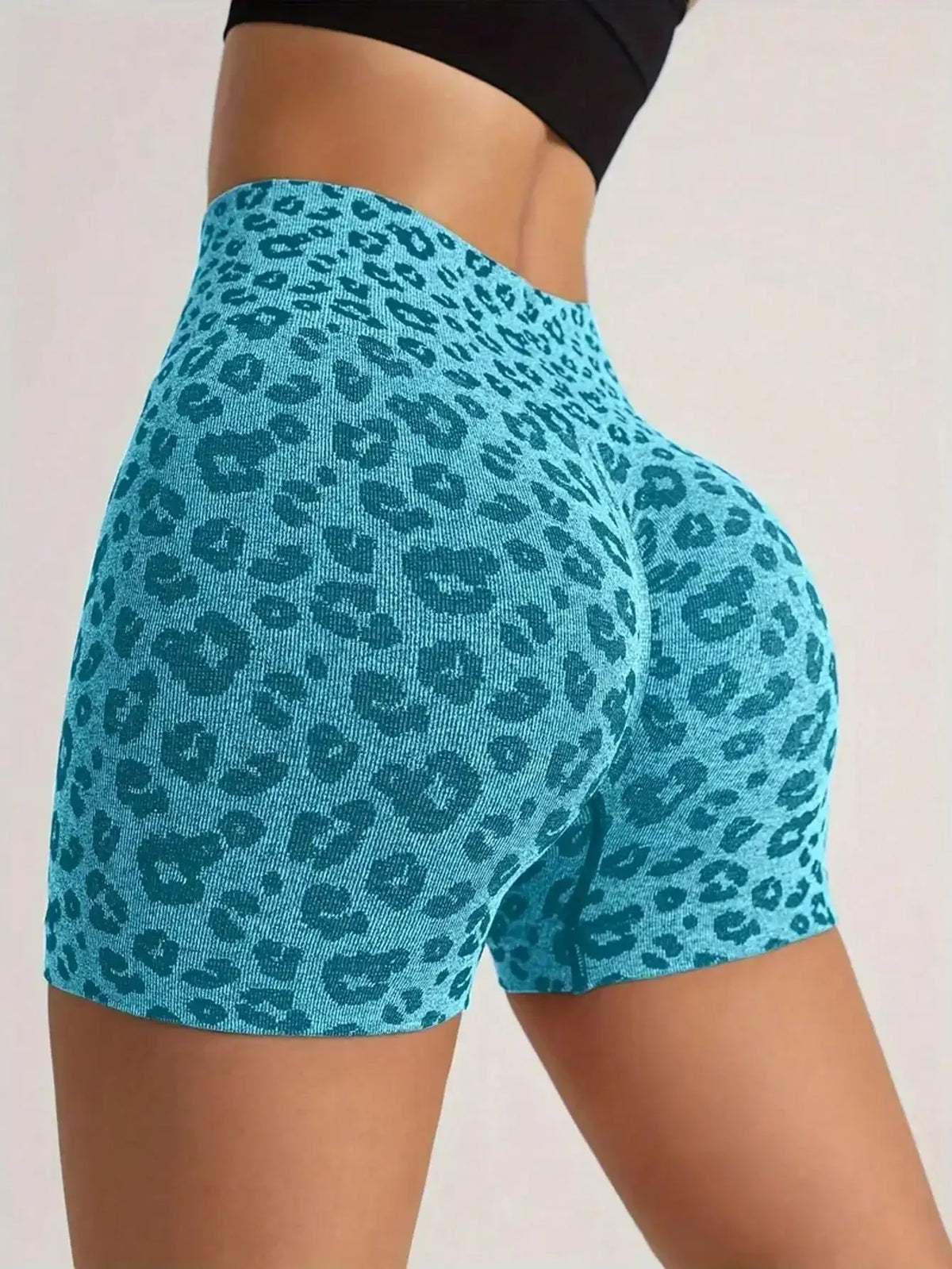 Ladies Leopard Scrunch Butt Tummy Control Sport Biker Shorts Polyester