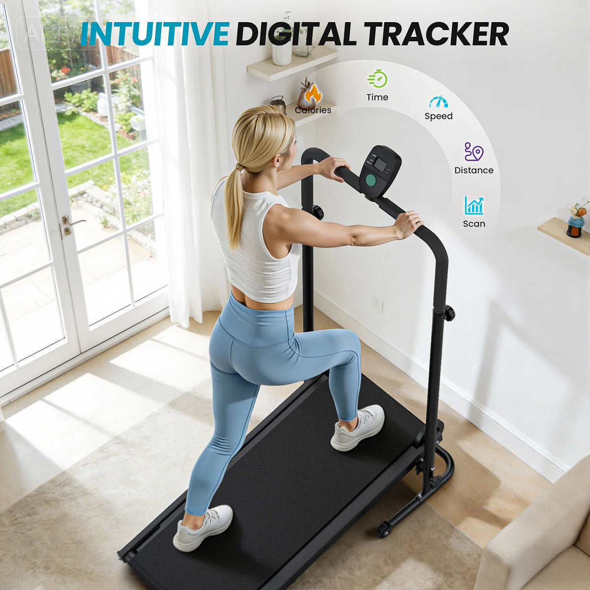 AKLUER Non-Motorized Mechanical Treadmill With Fixed Incline And LCD Monitor