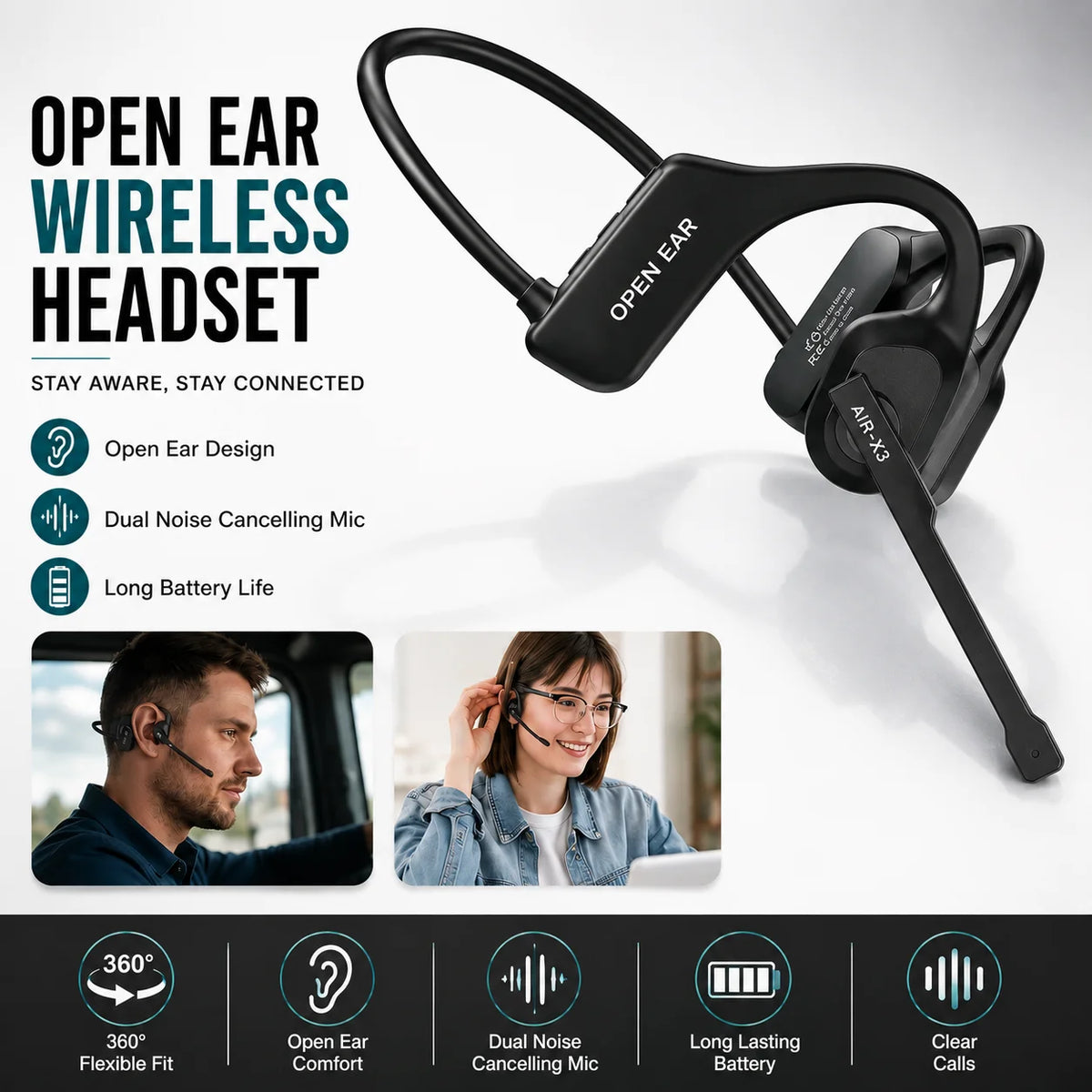 Open Ear Bluetooth Bone Conduction Headset Dual Noise Cancelling Mic