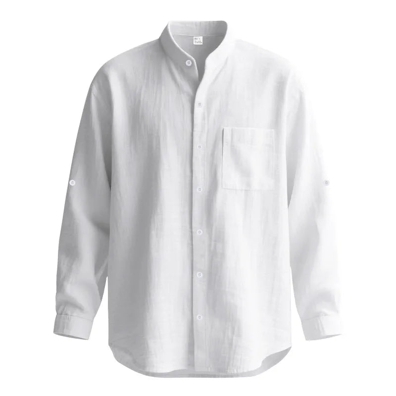 Men Linen Long Sleeve Mandarin Collar Button Down Casual Shirt