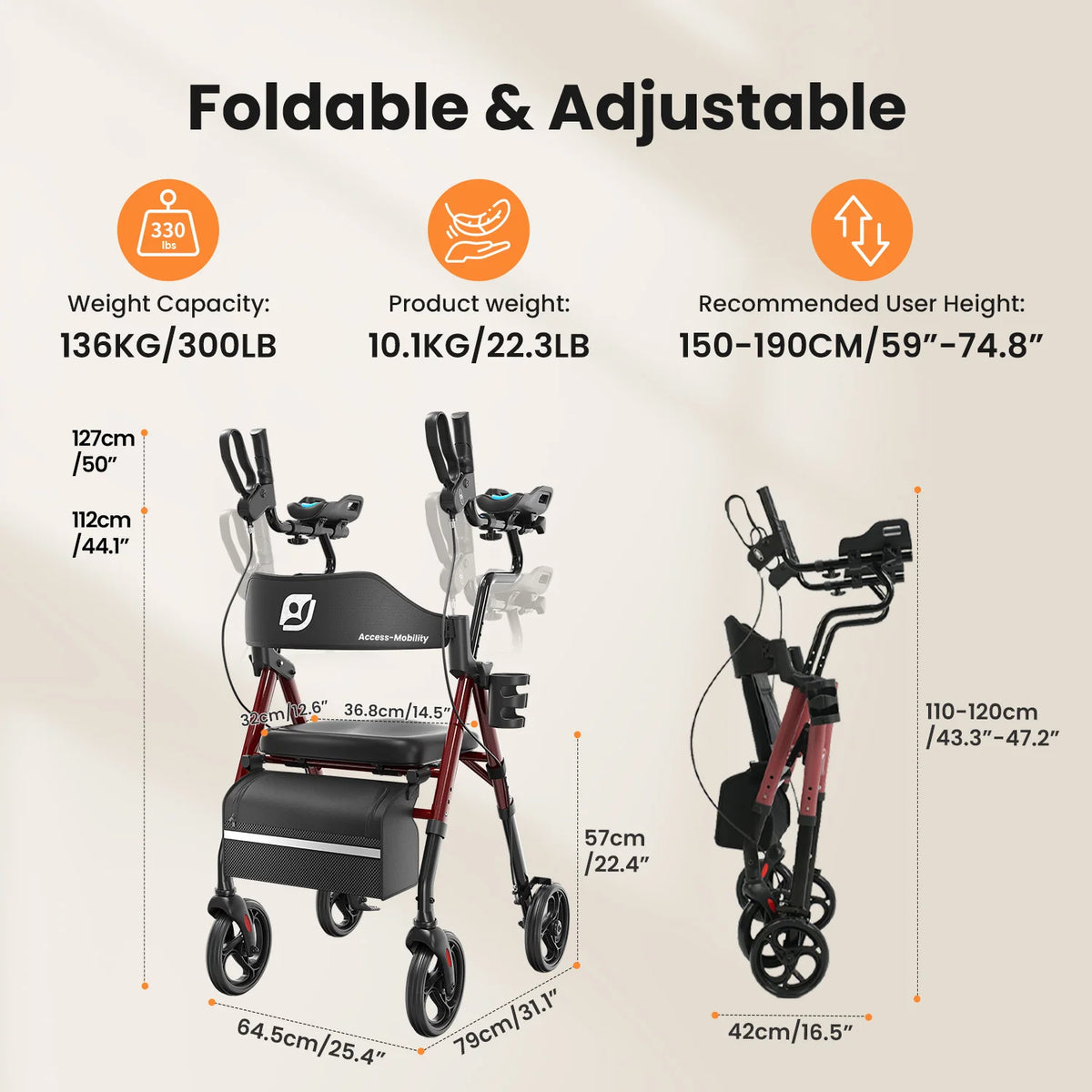 Maidesite Foldable Upright Walker With Padded Seat And Backrest