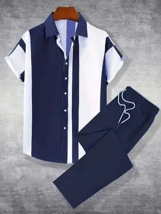 Men Printed Two Piece Short Sleeve Button Shirt Pants Set
