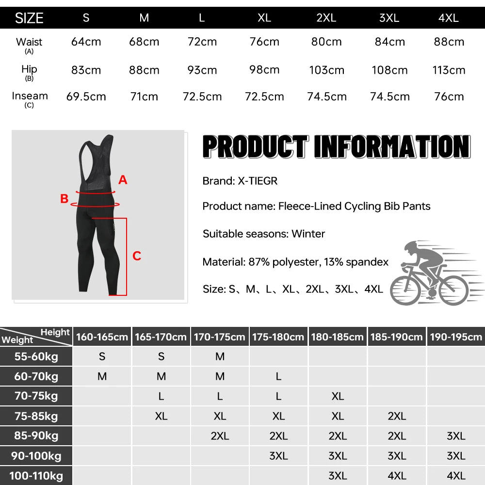 X-TIGER Men's Thermal Cycling Bib Tights With Gel Padding