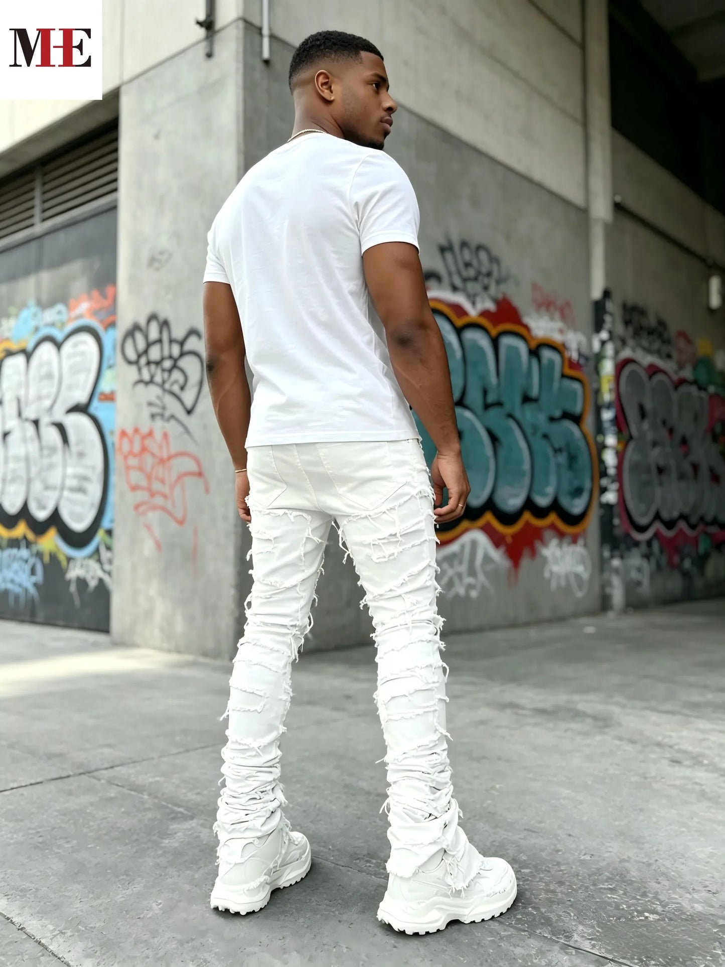 HME Men Stacked Ripped Flared Denim Jeans With Frayed Edge