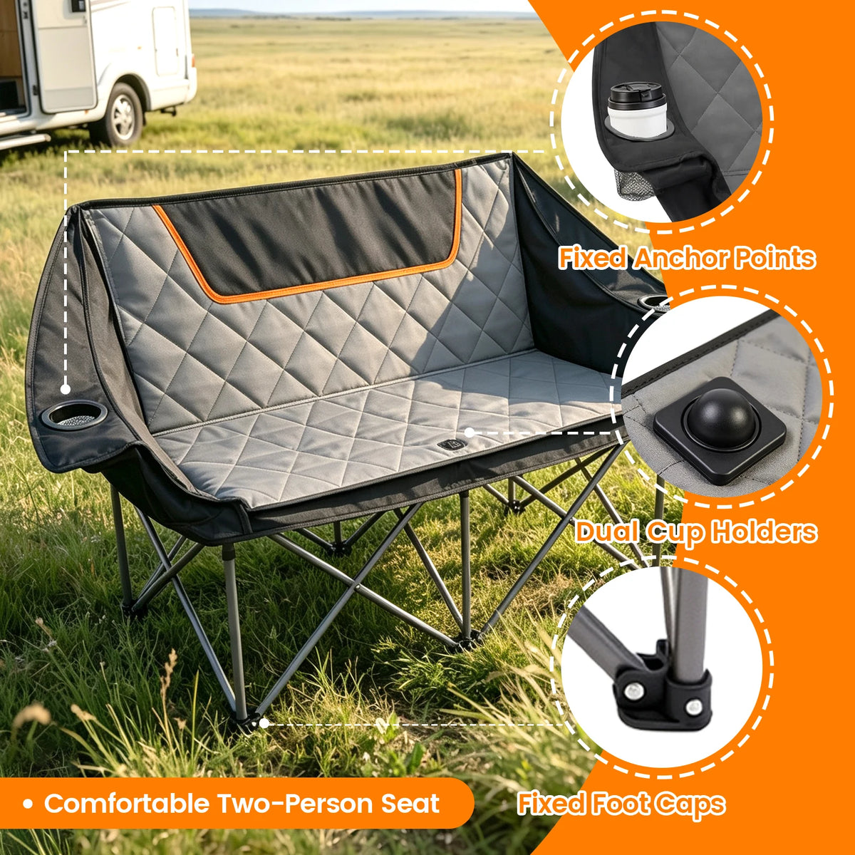Double Folding Camping Chair for Two with Cup Holders and Storage