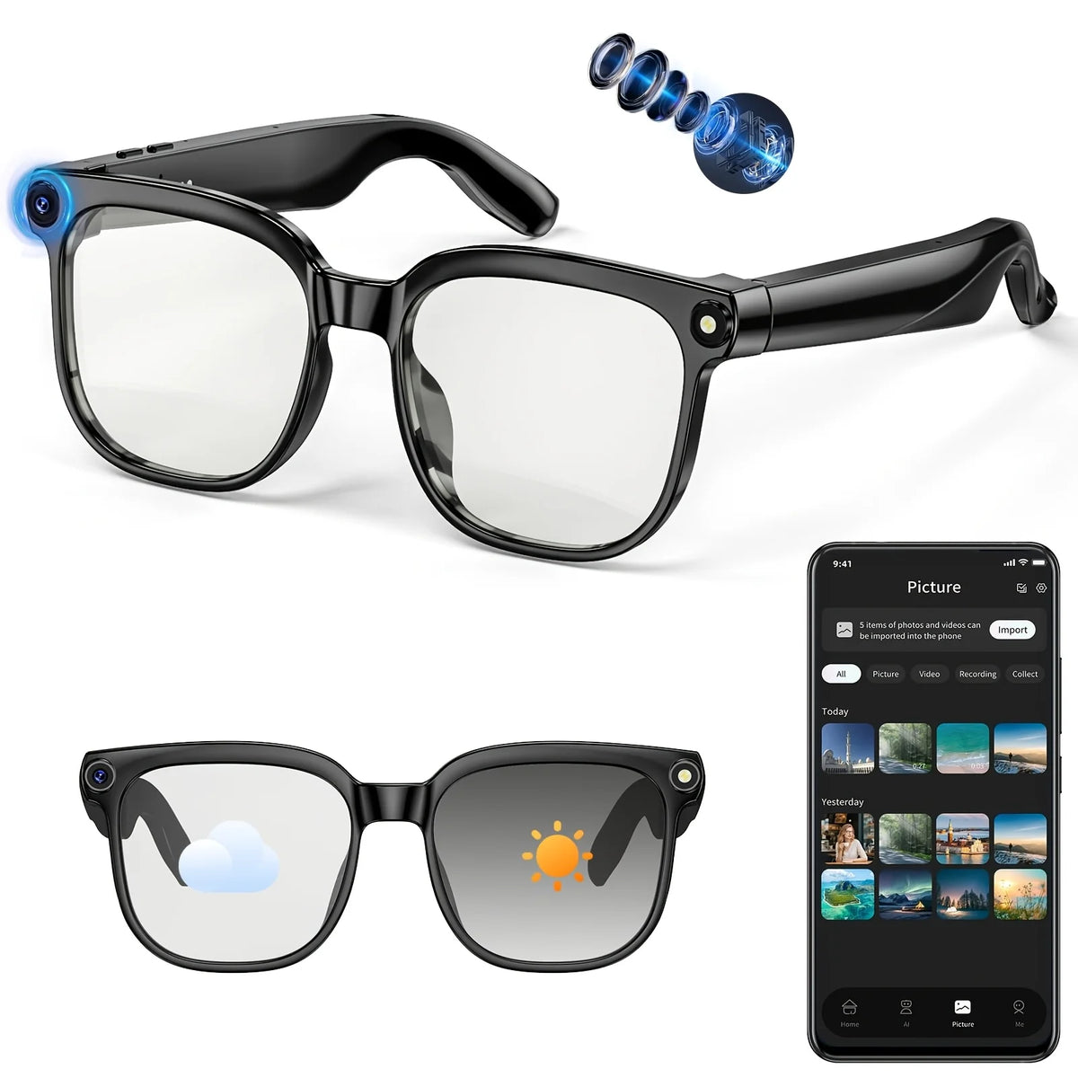Smart Camera Glasses With HD Video, Translation And Bluetooth Audio