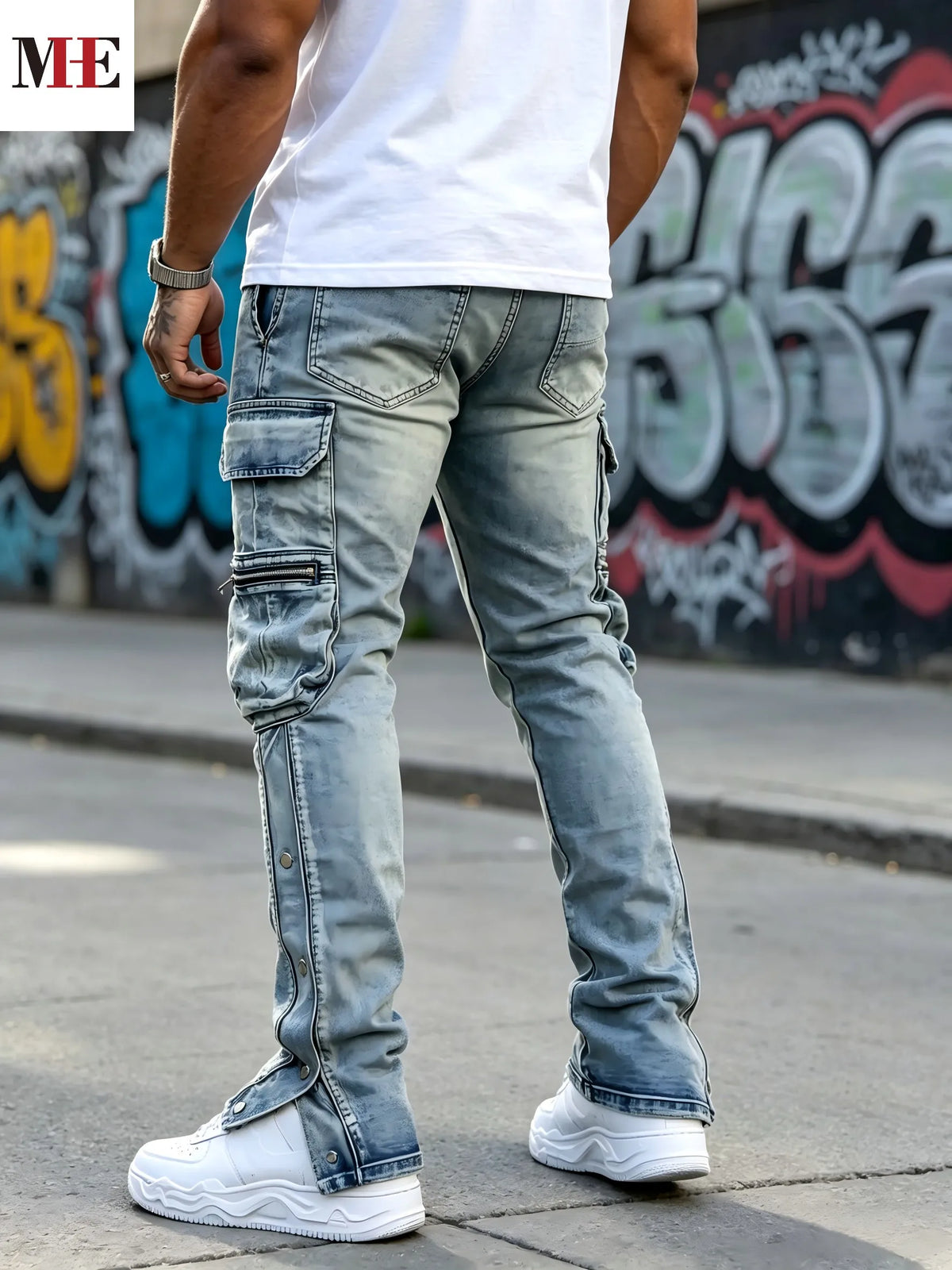 HME Men Flared Denim Jeans Featuring Rips And Zipper Hem