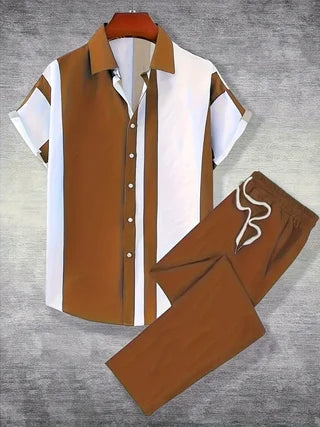 Men Printed Two Piece Short Sleeve Button Shirt Pants Set