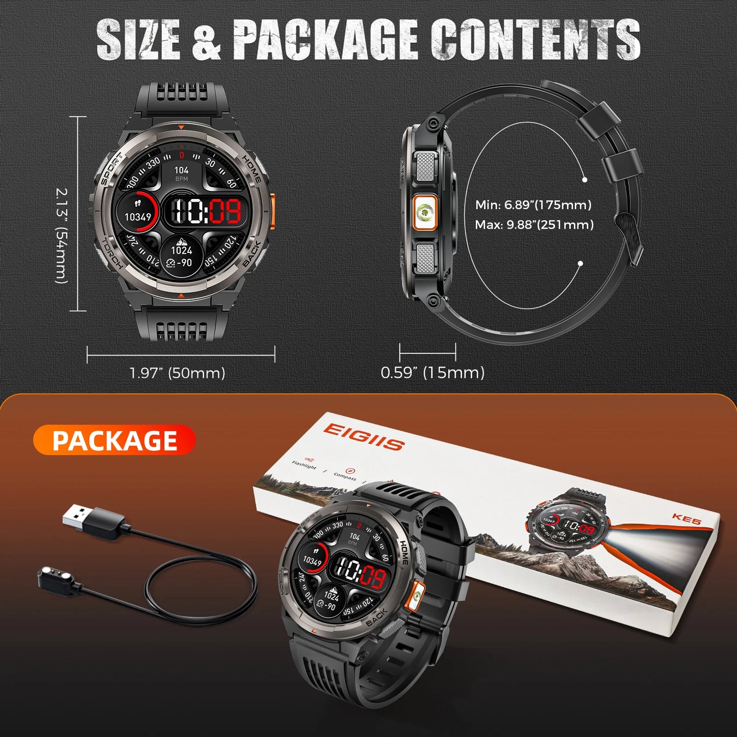 EIGIIS KE5 Rugged Smart Watch With Flashlight And Waterproof Design