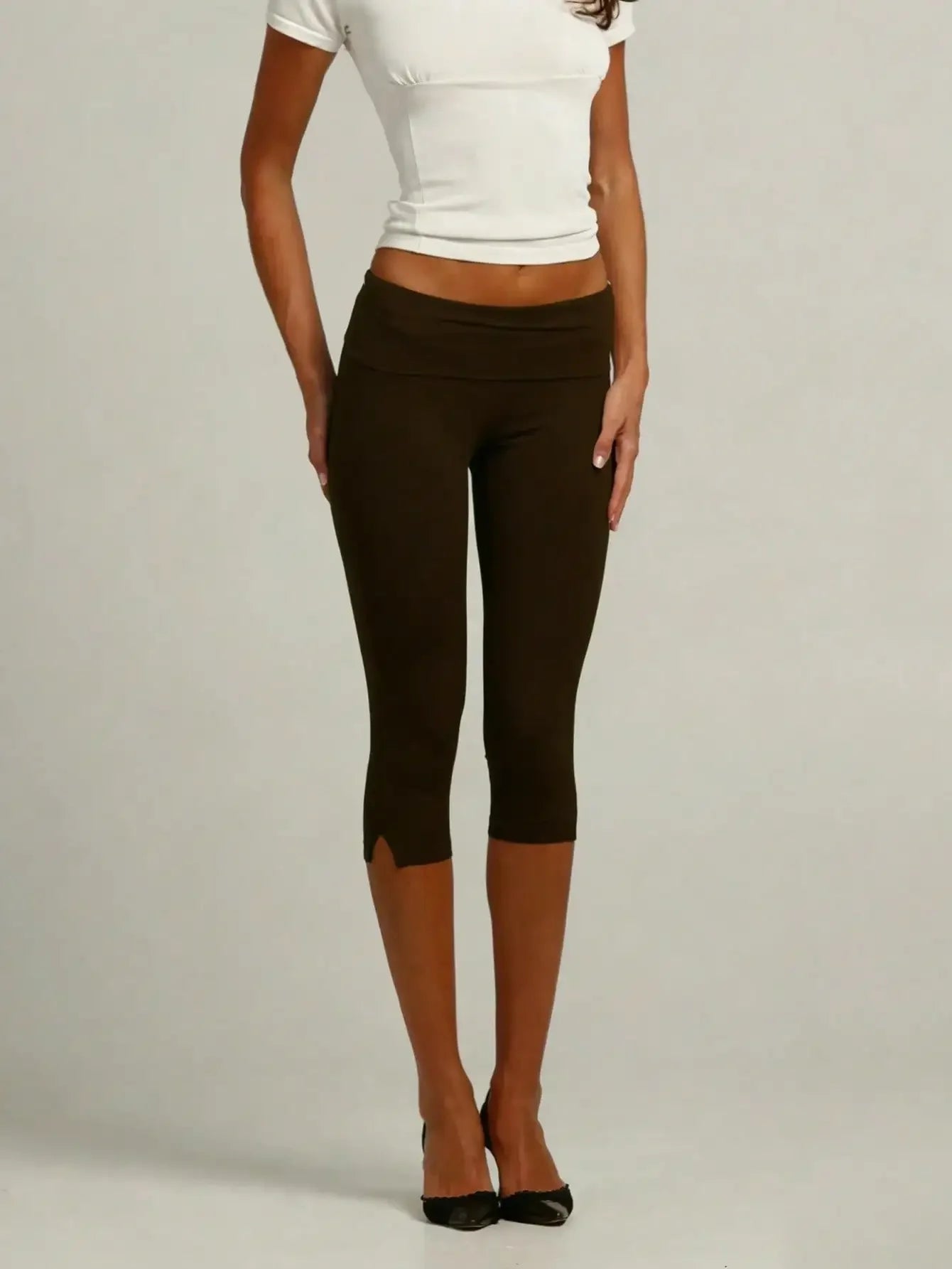 Women's Low Waist Capri Leggings Fold Over Slim Fit