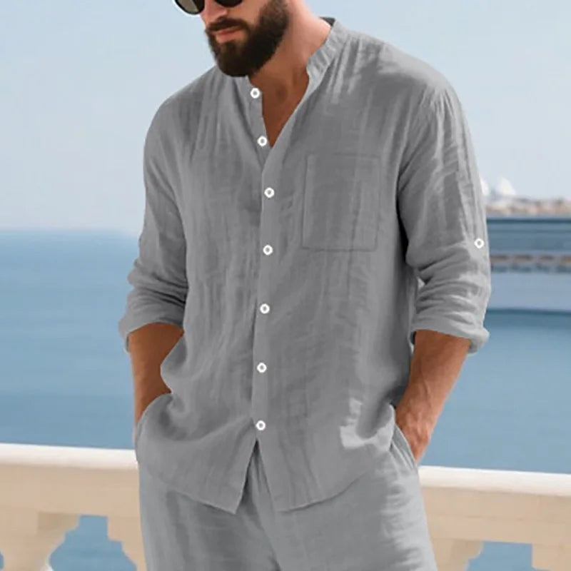 Men Linen Long Sleeve Mandarin Collar Button Down Casual Shirt