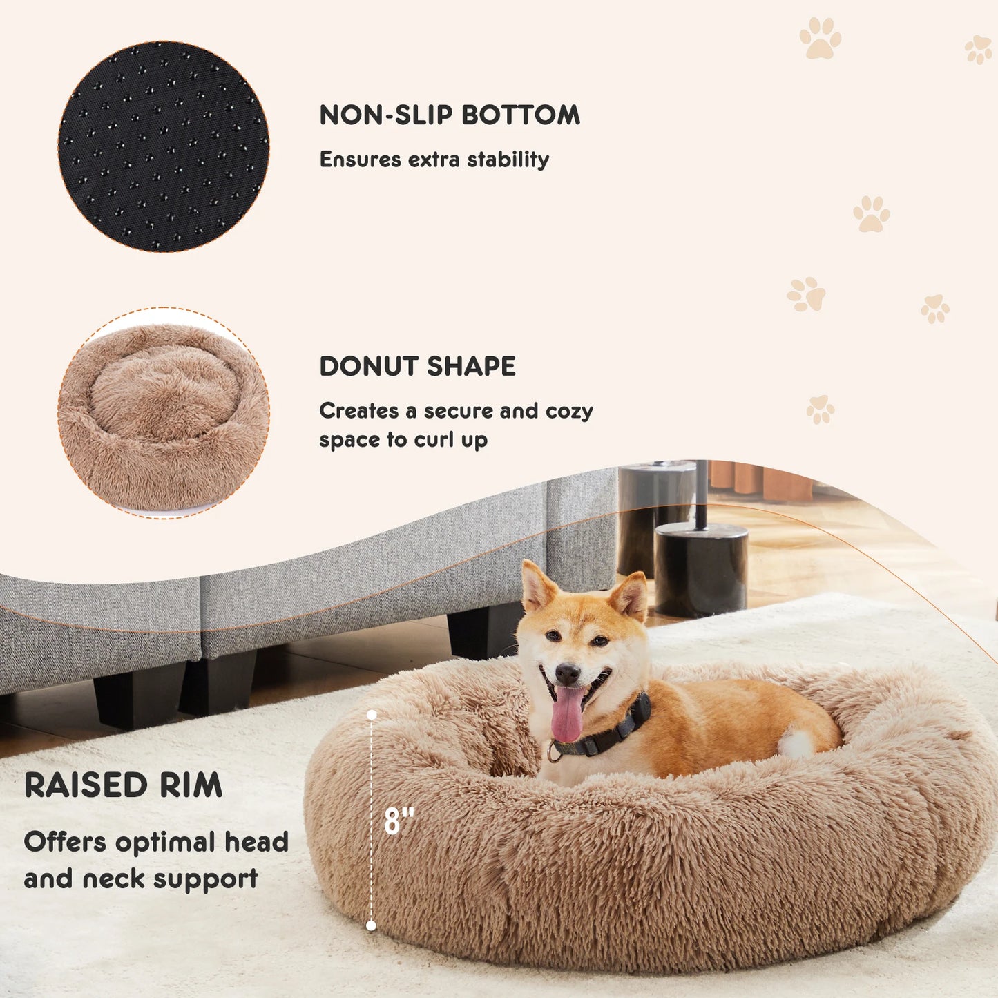 JHK Calming Round Dog Bed With Plush Washable Fleece Cover