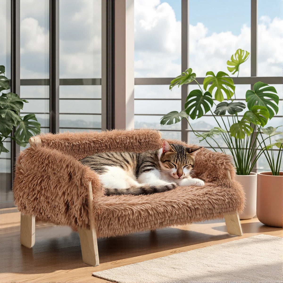 Sturdy Wooden Raised Cat Sofa Bed For Cozy Indoor Rest