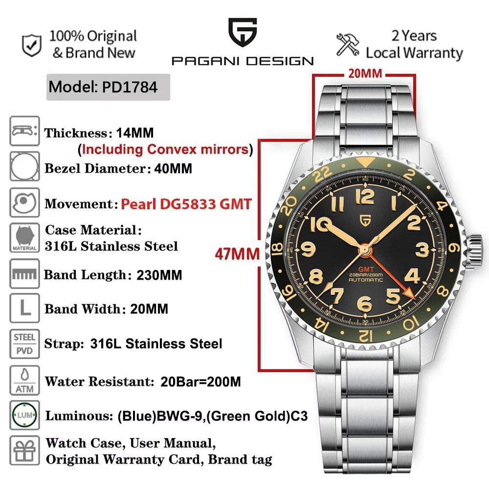 PAGANI DESIGN Mens GMT Automatic Mechanical Sapphire Crystal Watch