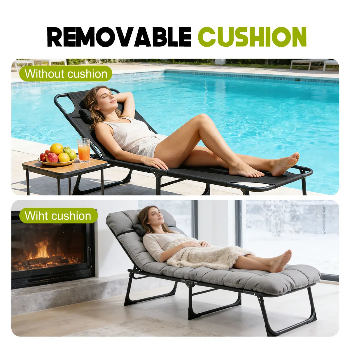 Adjustable Folding Lounge Chair With Removable Cushion And Reclining Back