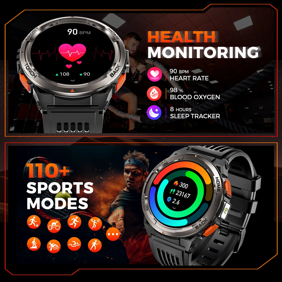 EIGIIS KE5 Rugged Smart Watch With Flashlight And Waterproof Design