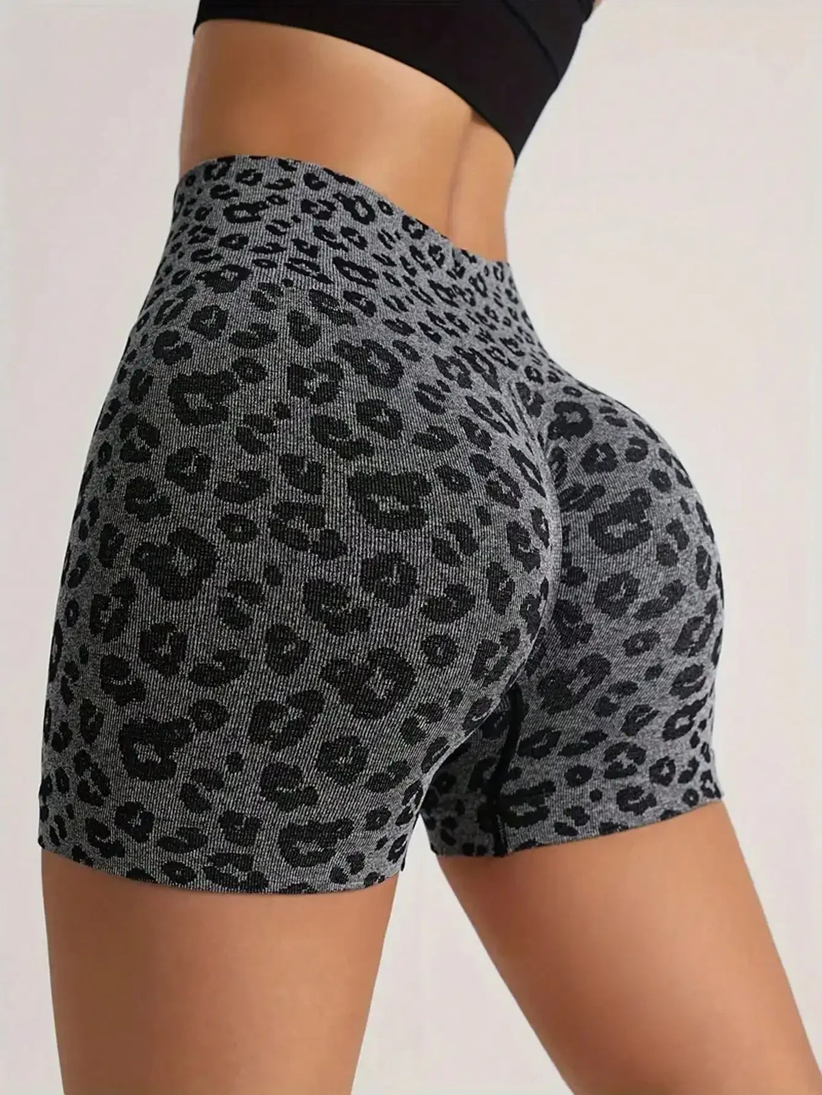 Ladies Leopard Scrunch Butt Tummy Control Sport Biker Shorts Polyester