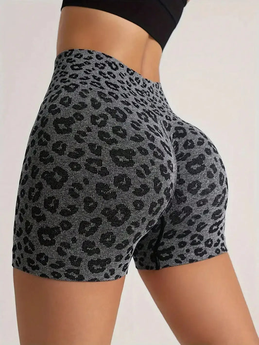 Ladies Leopard Scrunch Butt Tummy Control Sport Biker Shorts Polyester
