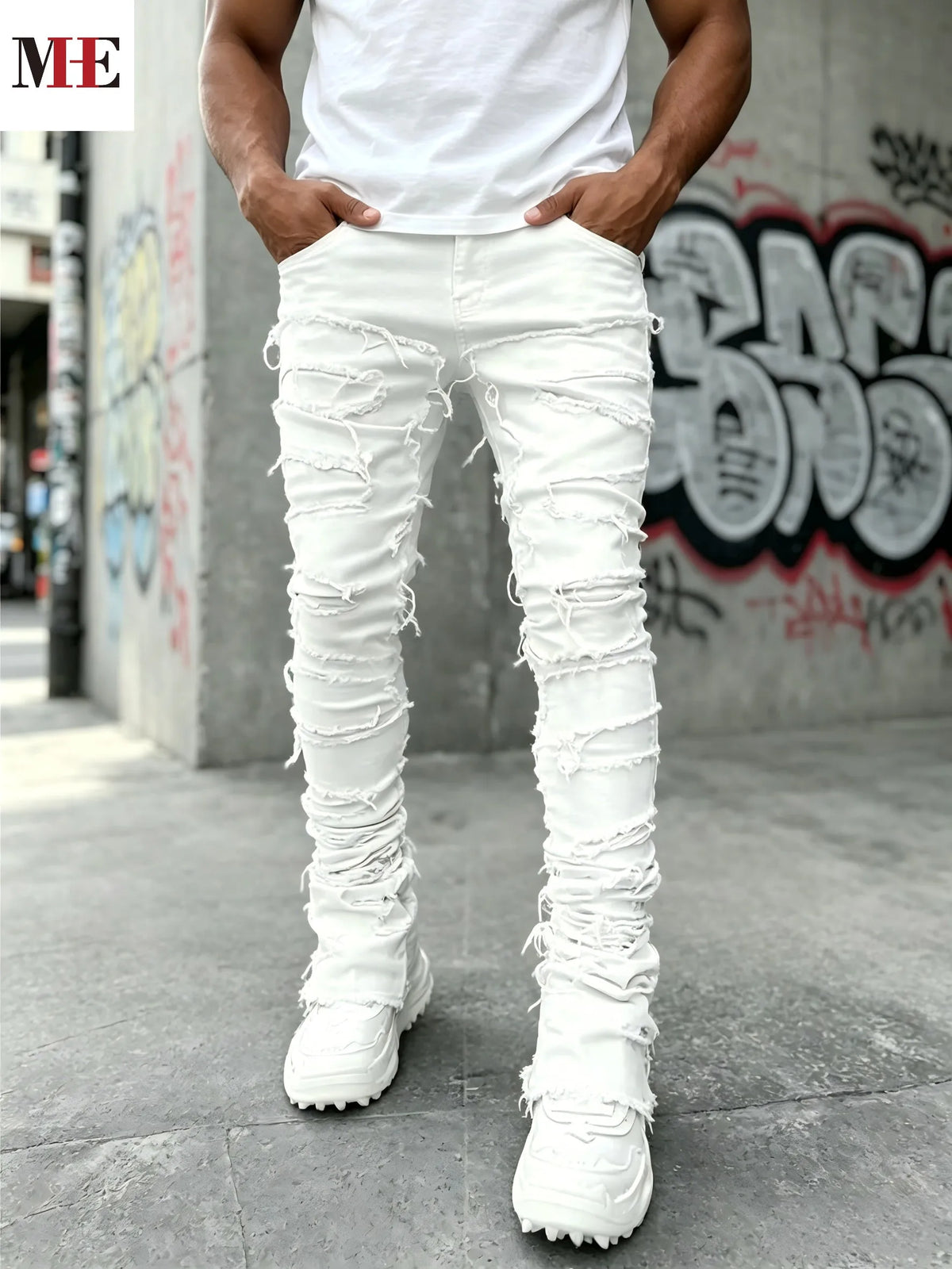 HME Men Stacked Ripped Flared Denim Jeans With Frayed Edge