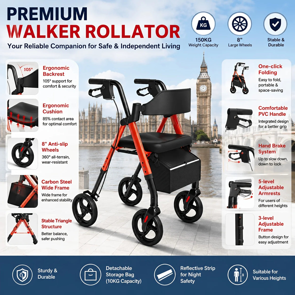 MAIDESITE Foldable Rollator Walker With Comfortable Seat And Large Wheels