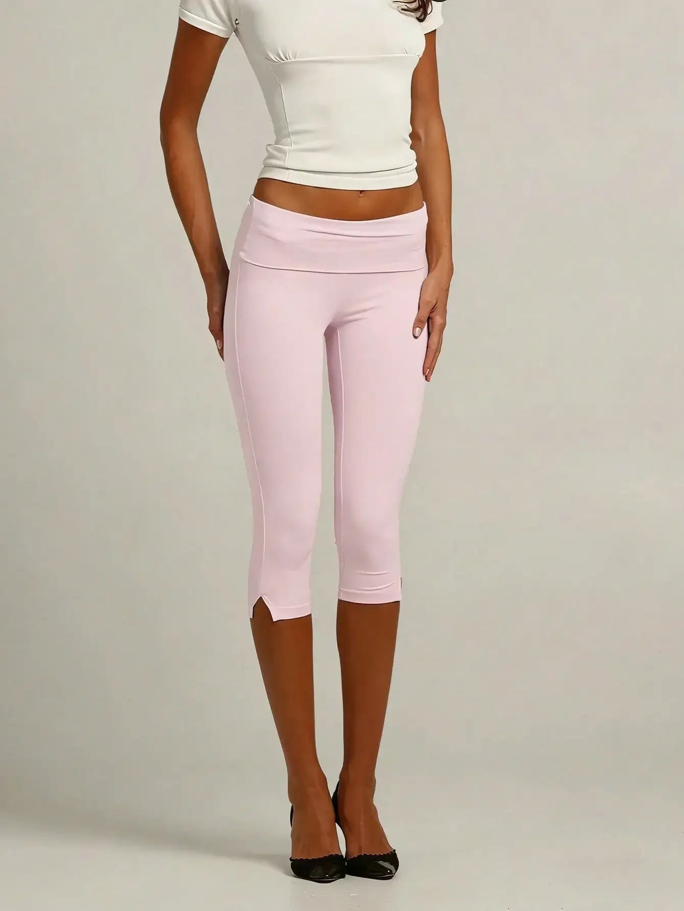 Women's Low Rise Capri Leggings With Fold Over Elastic Waistband