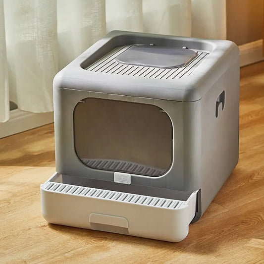 Semi Enclosed Foldable Cat Litter Box With Scoop And Tray