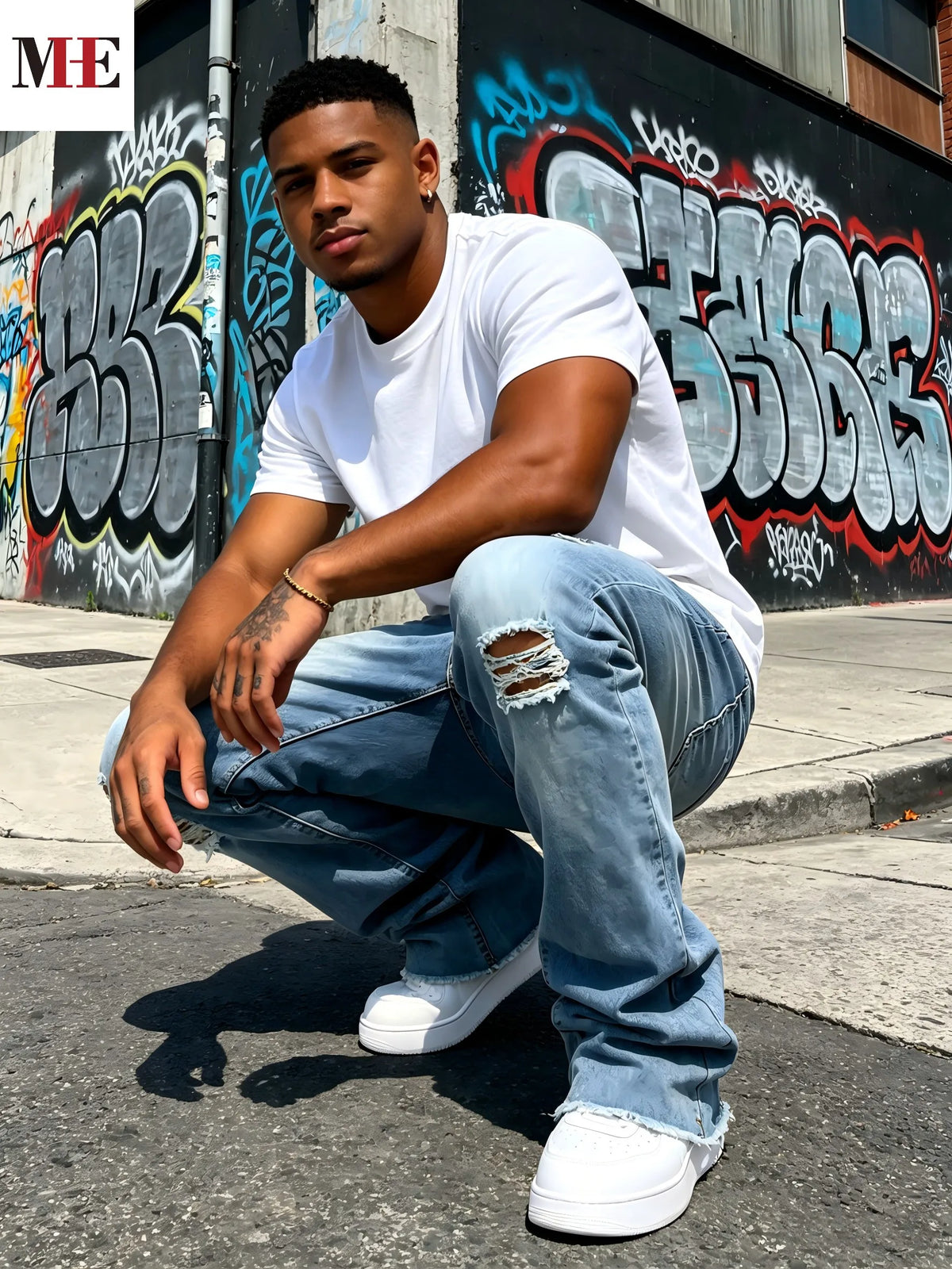 HME Men's Distressed Flared Jeans Featuring Frayed Hems Detailing