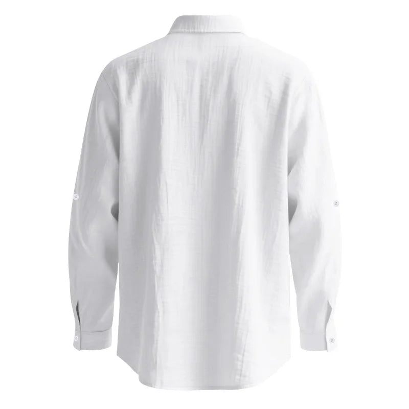 Men Linen Long Sleeve Mandarin Collar Button Down Casual Shirt