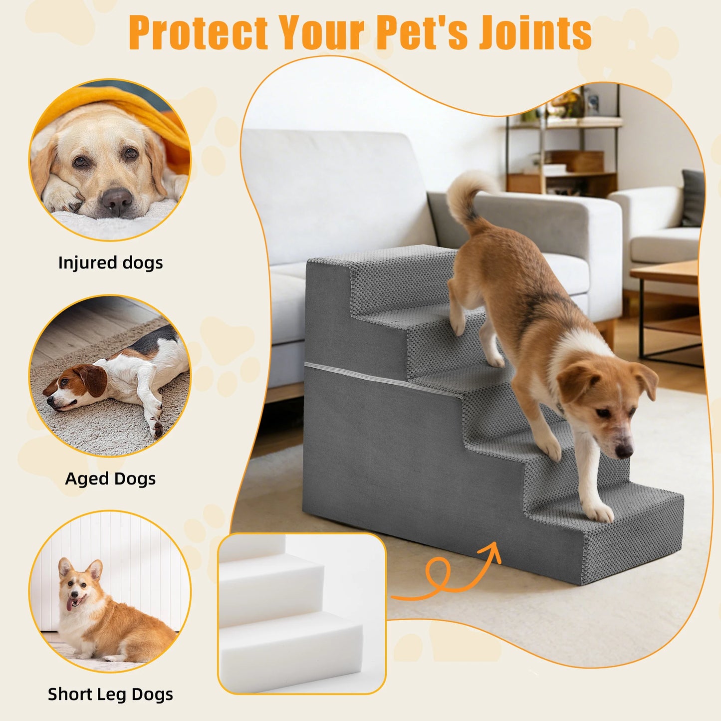 Foam Dog Stairs Ramp With Curved Steps Indoor Pet Safety