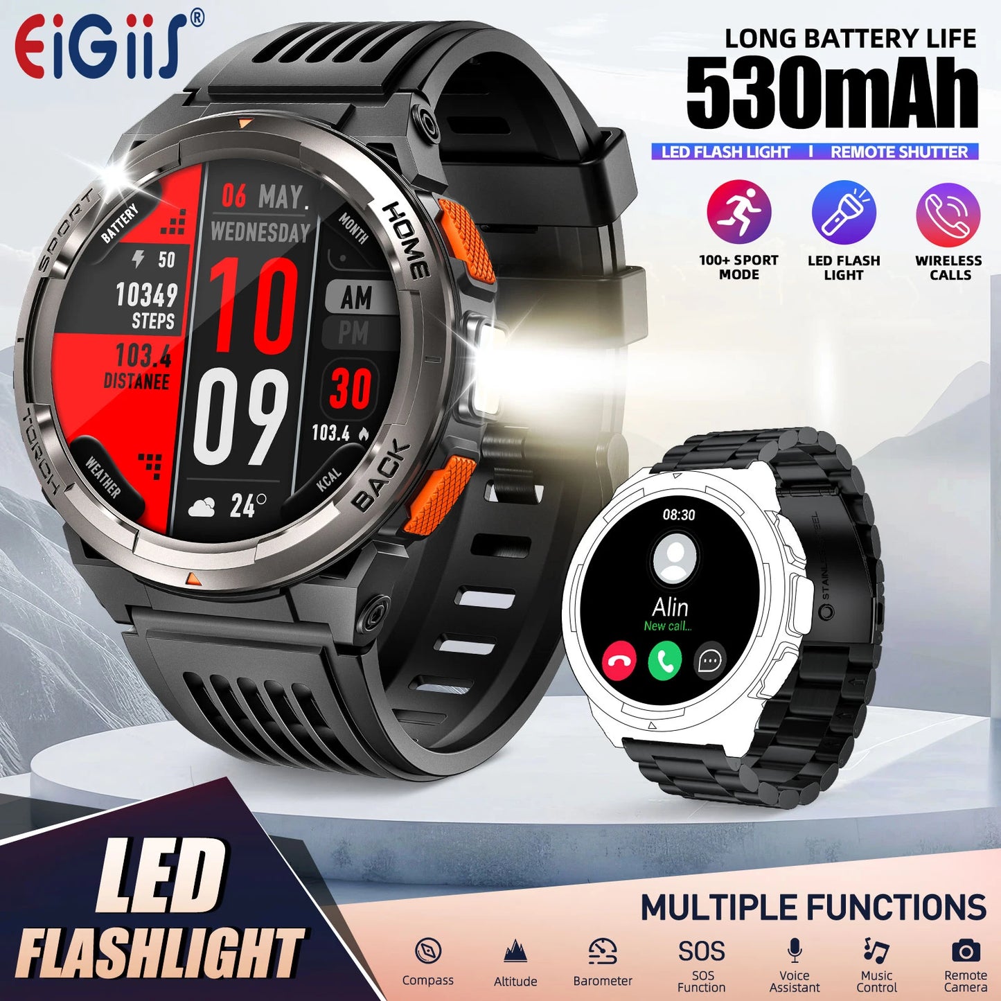 EIGIIS KE5 Sports Smart Watch With Compass Barometer And Flashlight