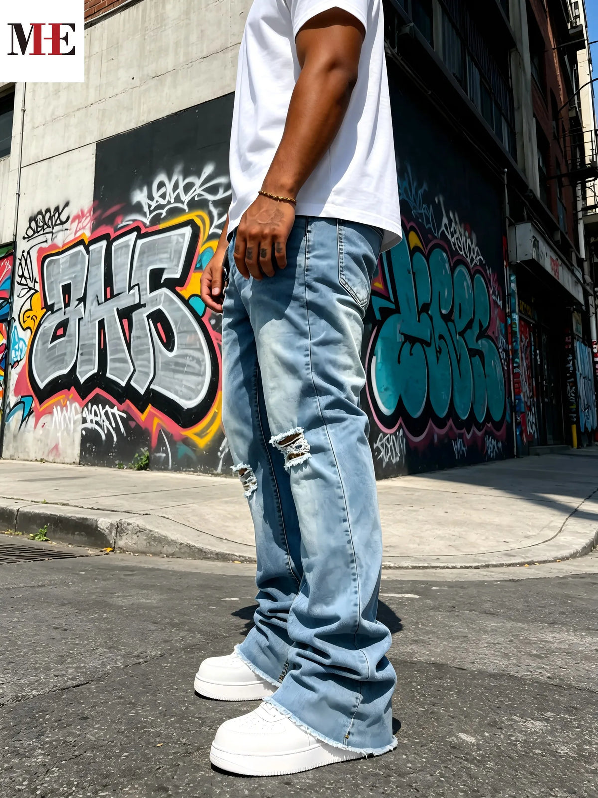 HME Men's Distressed Flared Jeans Featuring Frayed Hems Detailing