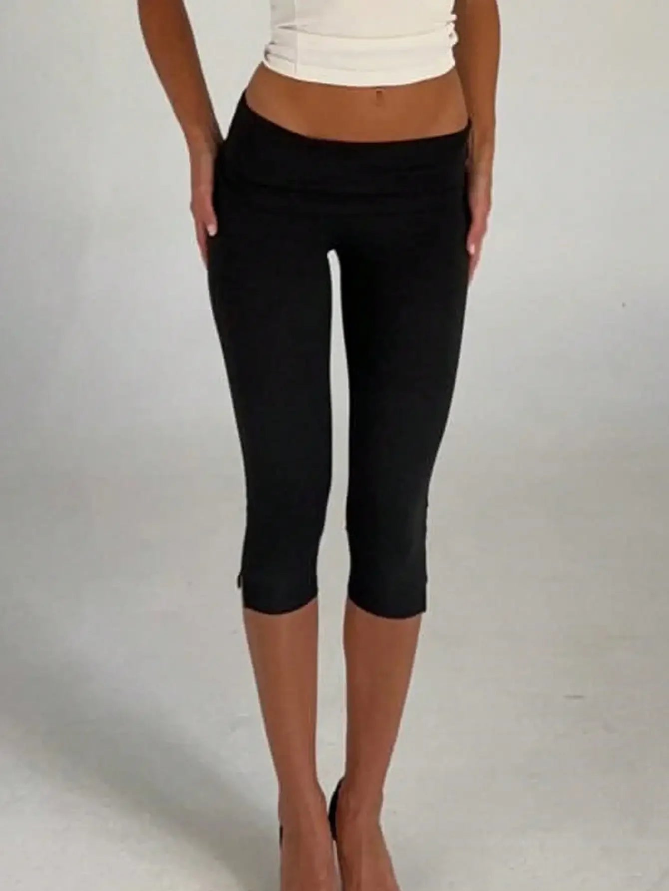 Women's Low Waist Capri Leggings Fold Over Slim Fit