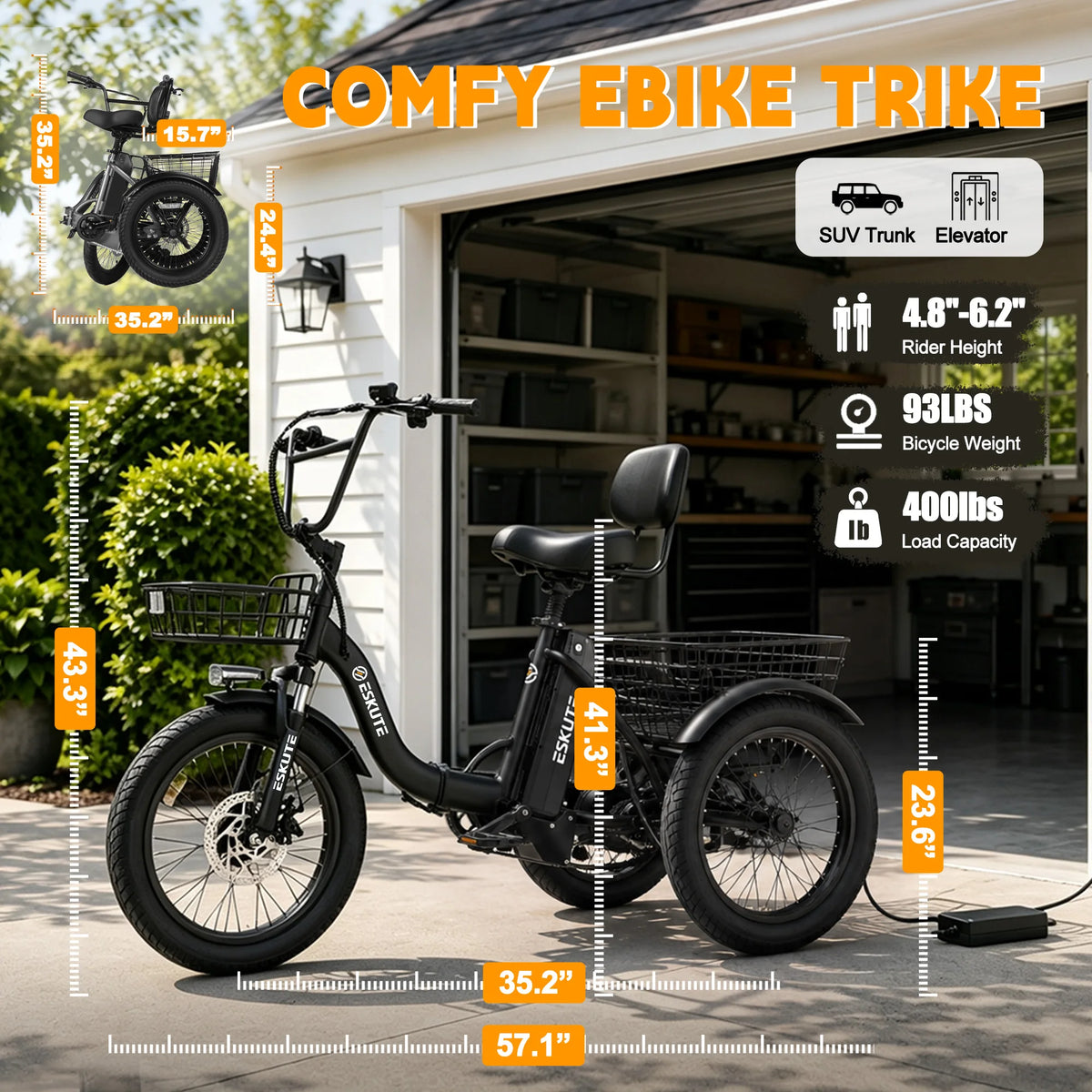 ESKUTE T300P Folding Electric Trike With Removable Battery