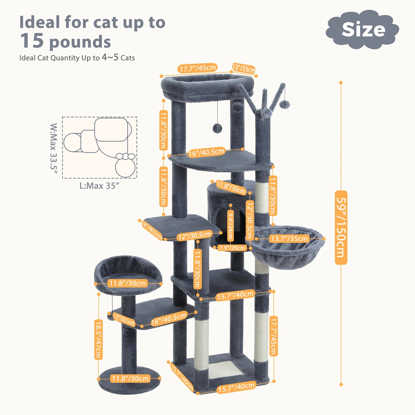 Pequulti Multilevel Cat Tower With Hammock And Scratching Post