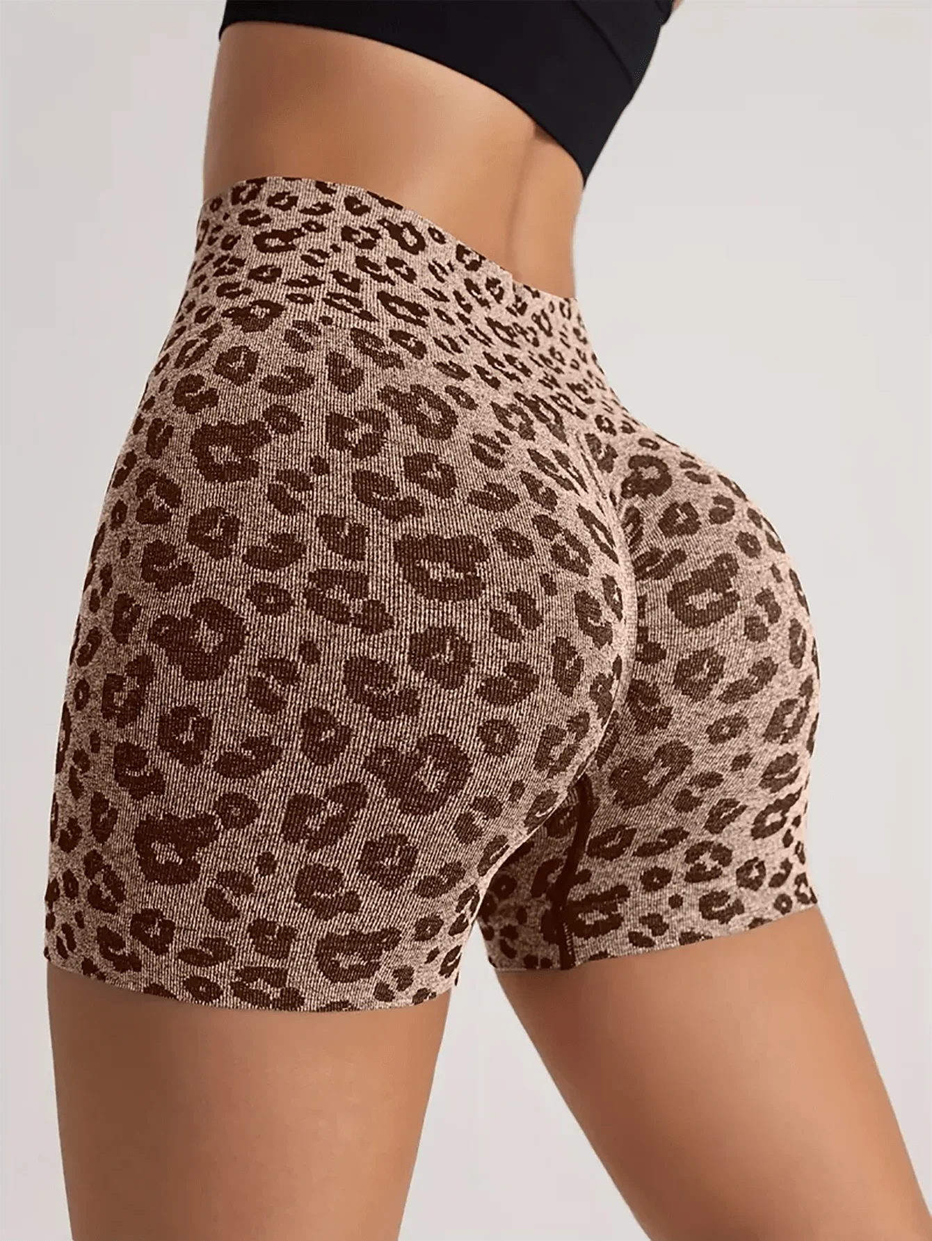 Ladies Leopard Scrunch Butt Tummy Control Sport Biker Shorts Polyester