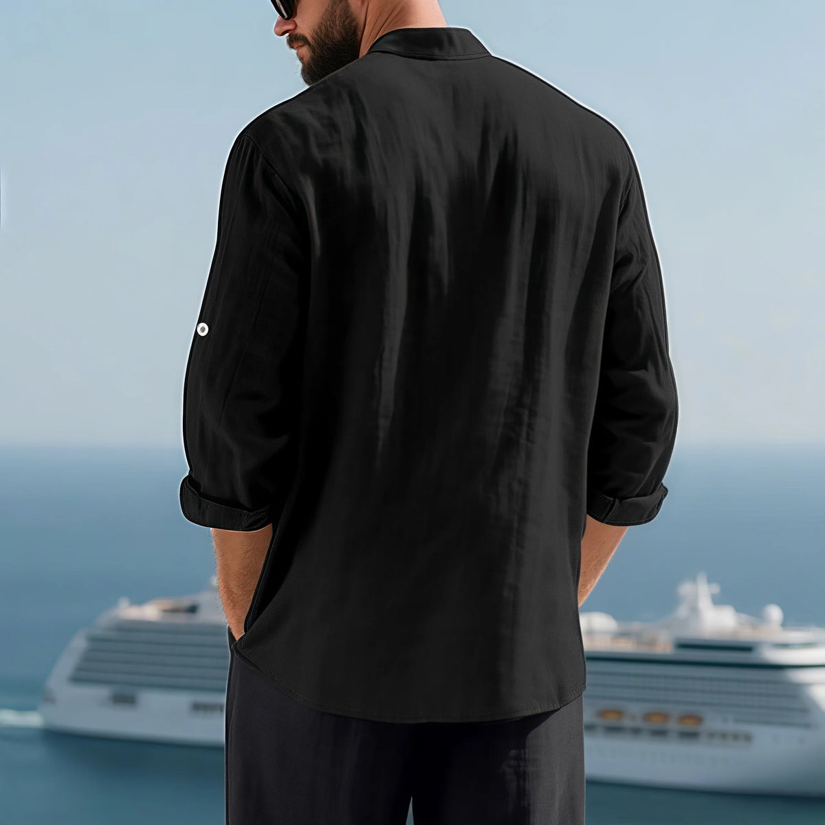 Men Linen Long Sleeve Mandarin Collar Button Down Casual Shirt