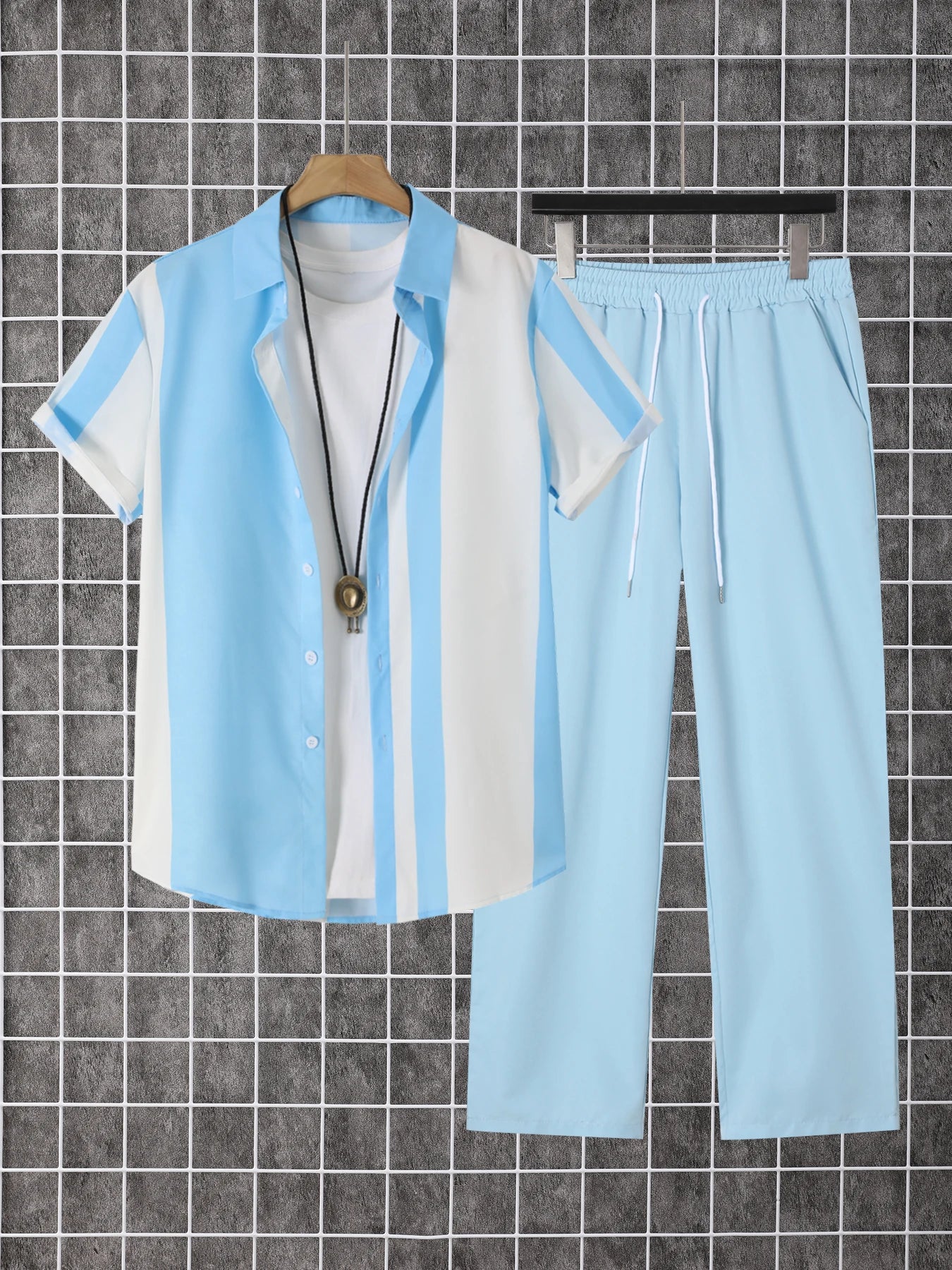 Men Printed Two Piece Short Sleeve Button Shirt Pants Set