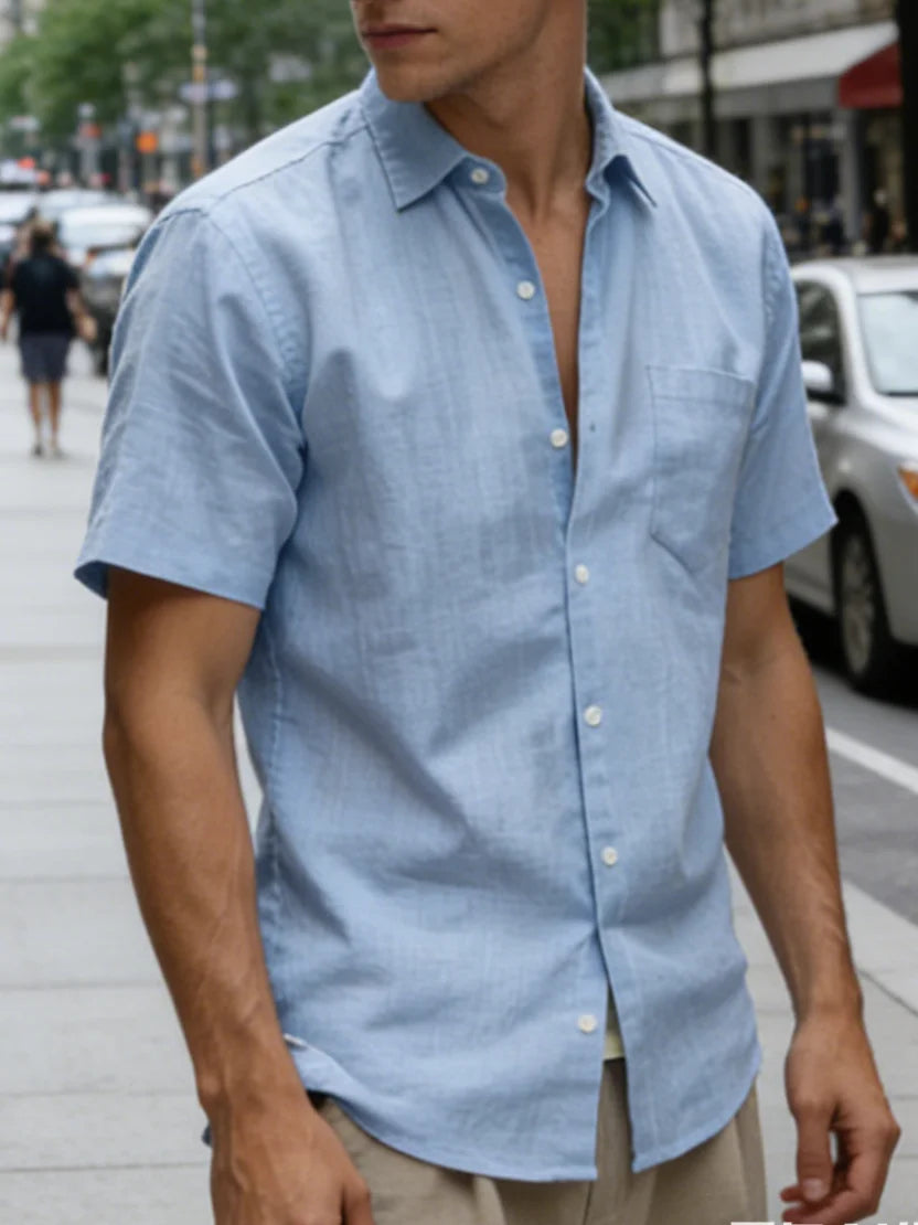 Men Slim Fit White Linen Short Sleeve Shirt With Collar