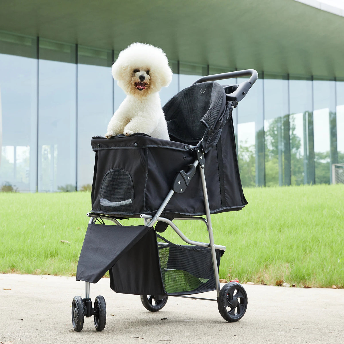 Foldable Pet Stroller For Dogs And Cats With Mesh Windows