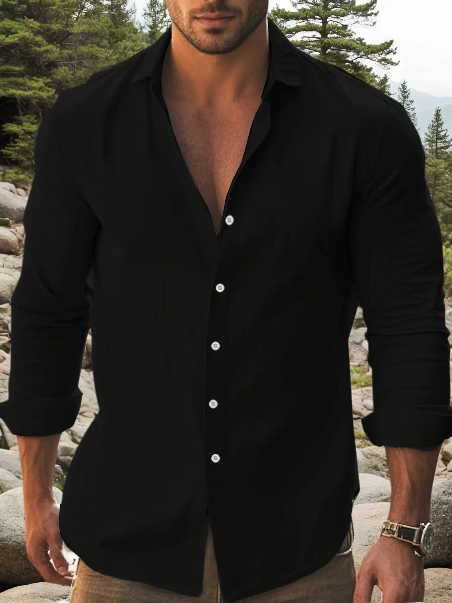 Men Solid Long Sleeve Casual Shirt Classic Collar Button Details
